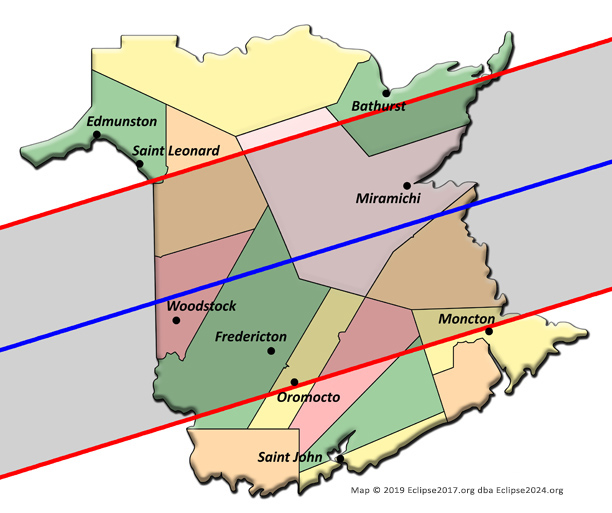 The 2024 eclipse path through New Brunswick