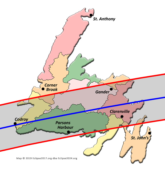 The 2024 eclipse path through Newfoundland