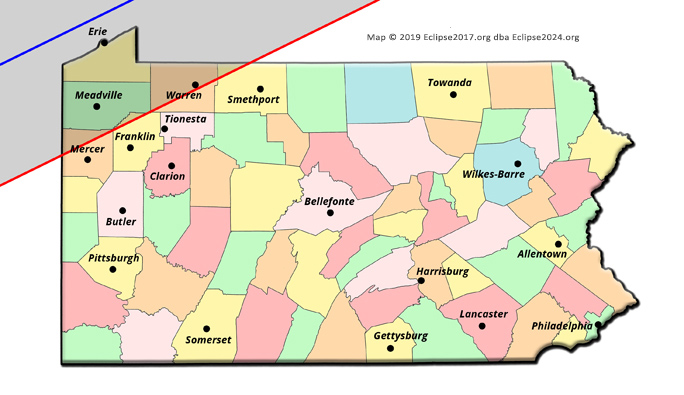 The 2024 eclipse path through Pennsylvania
