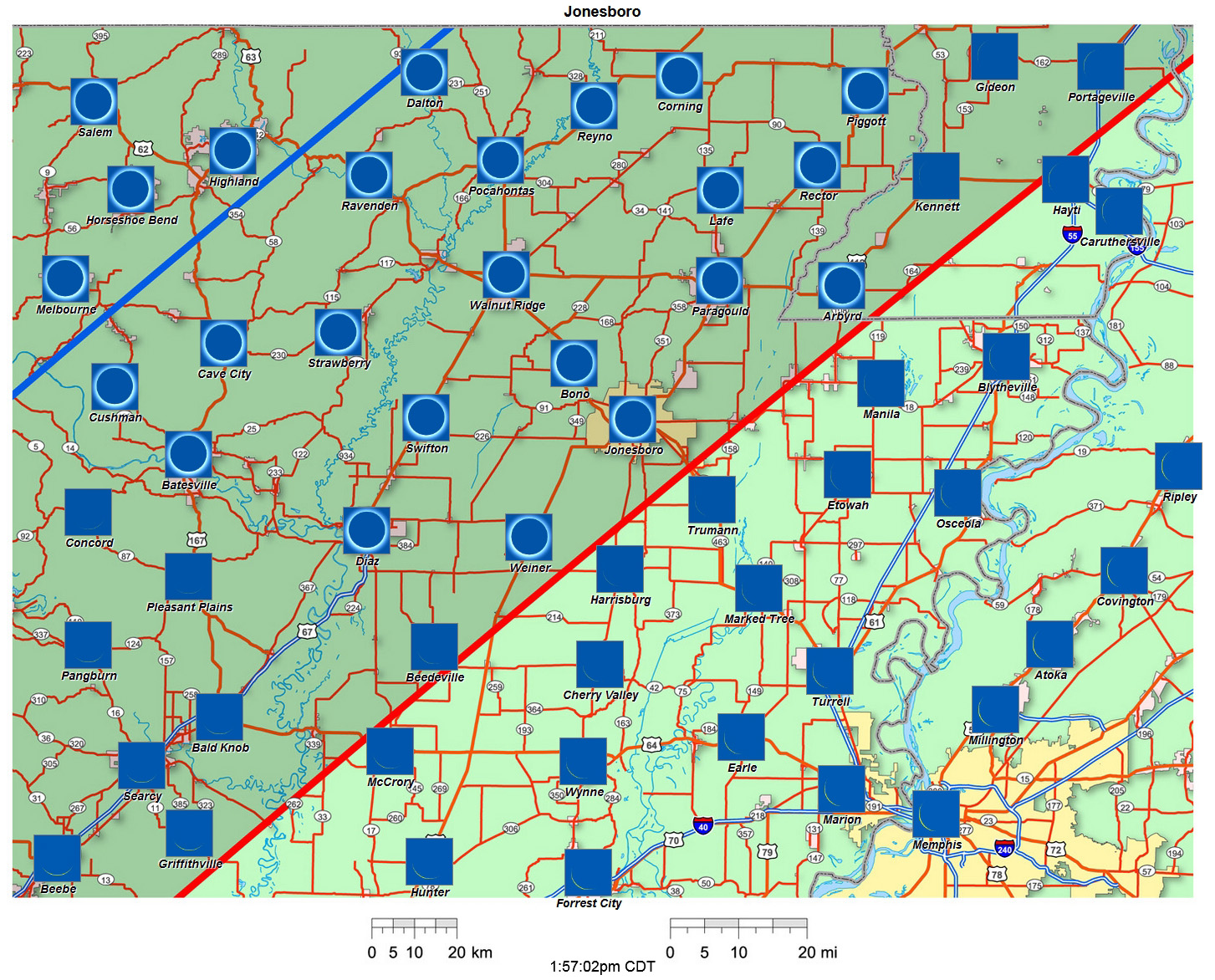 Carte interactive d'éclipse de 2024 pour Jonesboro