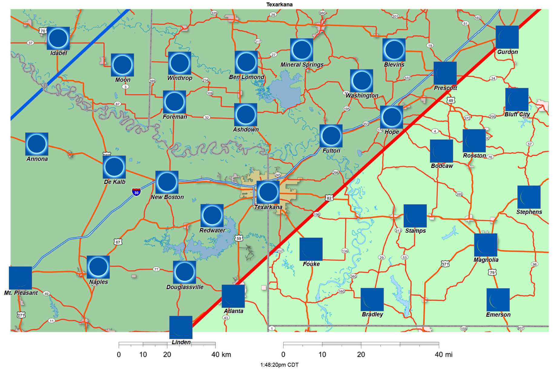 Mapa interactivo detallado del eclipse de 2024 de Texarkana